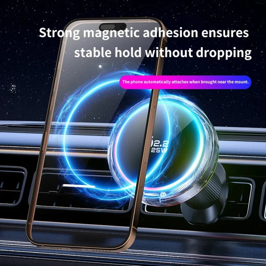Qi2 Car 25W Magnetic Wireless Charger RGB Light Air Cooling Phone Holder For Magsafe iPhone 17 16 15 14 13 12 Pro Fast Charging