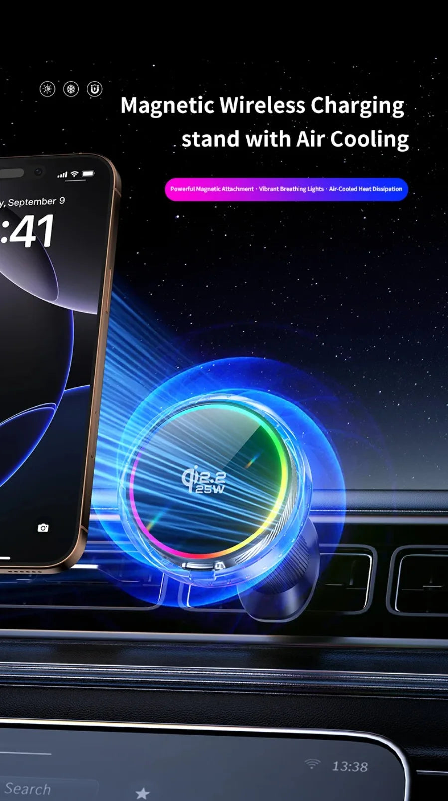 Qi2 Car 25W Magnetic Wireless Charger RGB Light Air Cooling Phone Holder For Magsafe iPhone 17 16 15 14 13 12 Pro Fast Charging