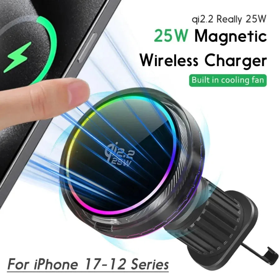 Qi2 Car 25W Magnetic Wireless Charger RGB Light Air Cooling Phone Holder For Magsafe iPhone 17 16 15 14 13 12 Pro Fast Charging