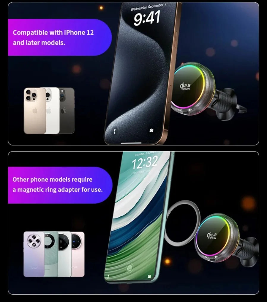 Qi2 Car 25W Magnetic Wireless Charger RGB Light  Air Cooling Phone Holder For Magsafe iPhone 17 16 15 14 13 12 Pro Fast Charging