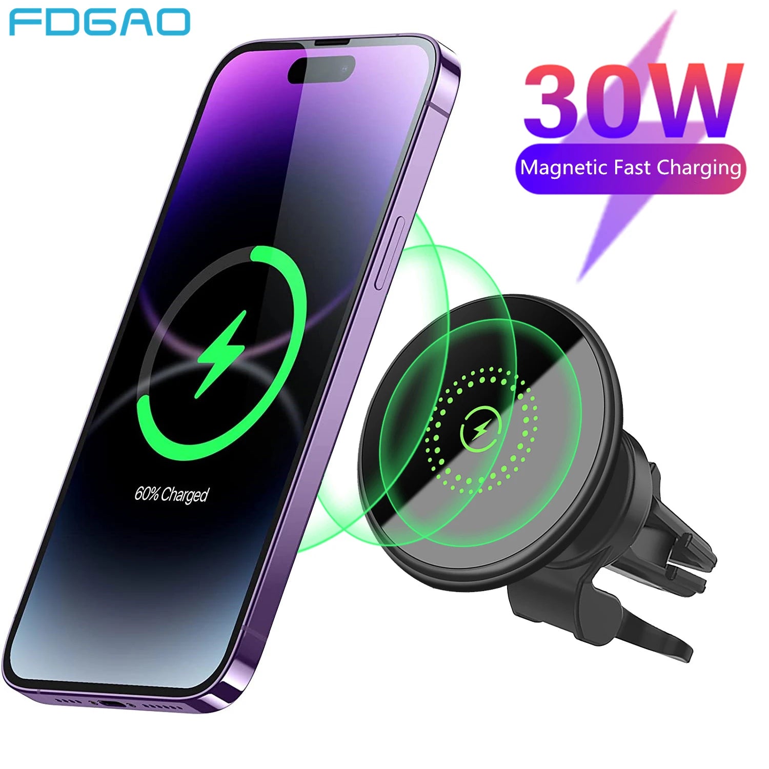 Magnetic Wireless Car Charger Mount 30W Fast Charging 