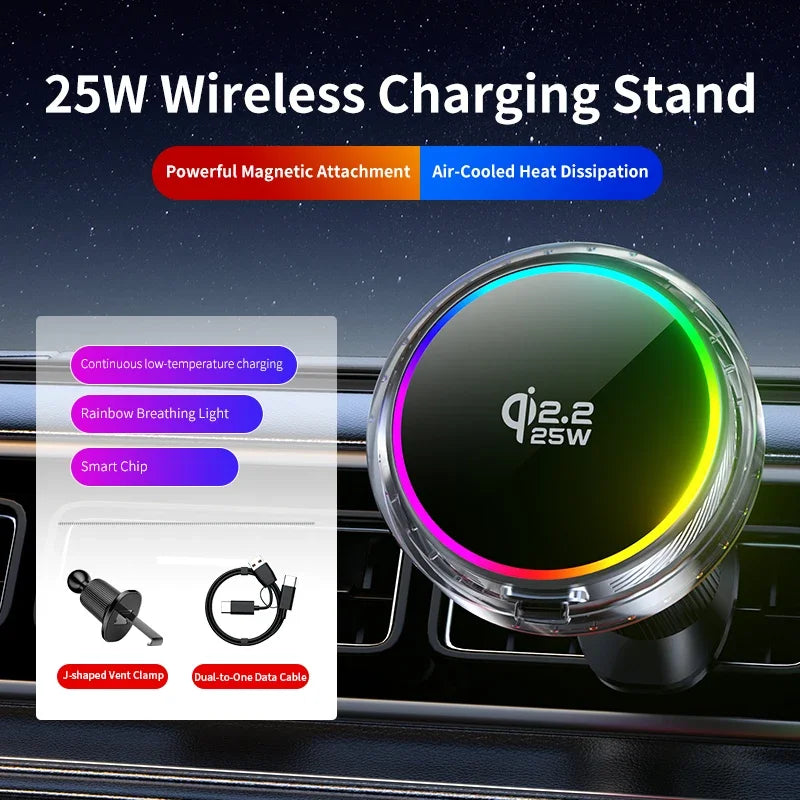 Qi2 Car 25W Magnetic Wireless Charger RGB Light  Air Cooling Phone Holder For Magsafe iPhone 17 16 15 14 13 12 Pro Fast Charging