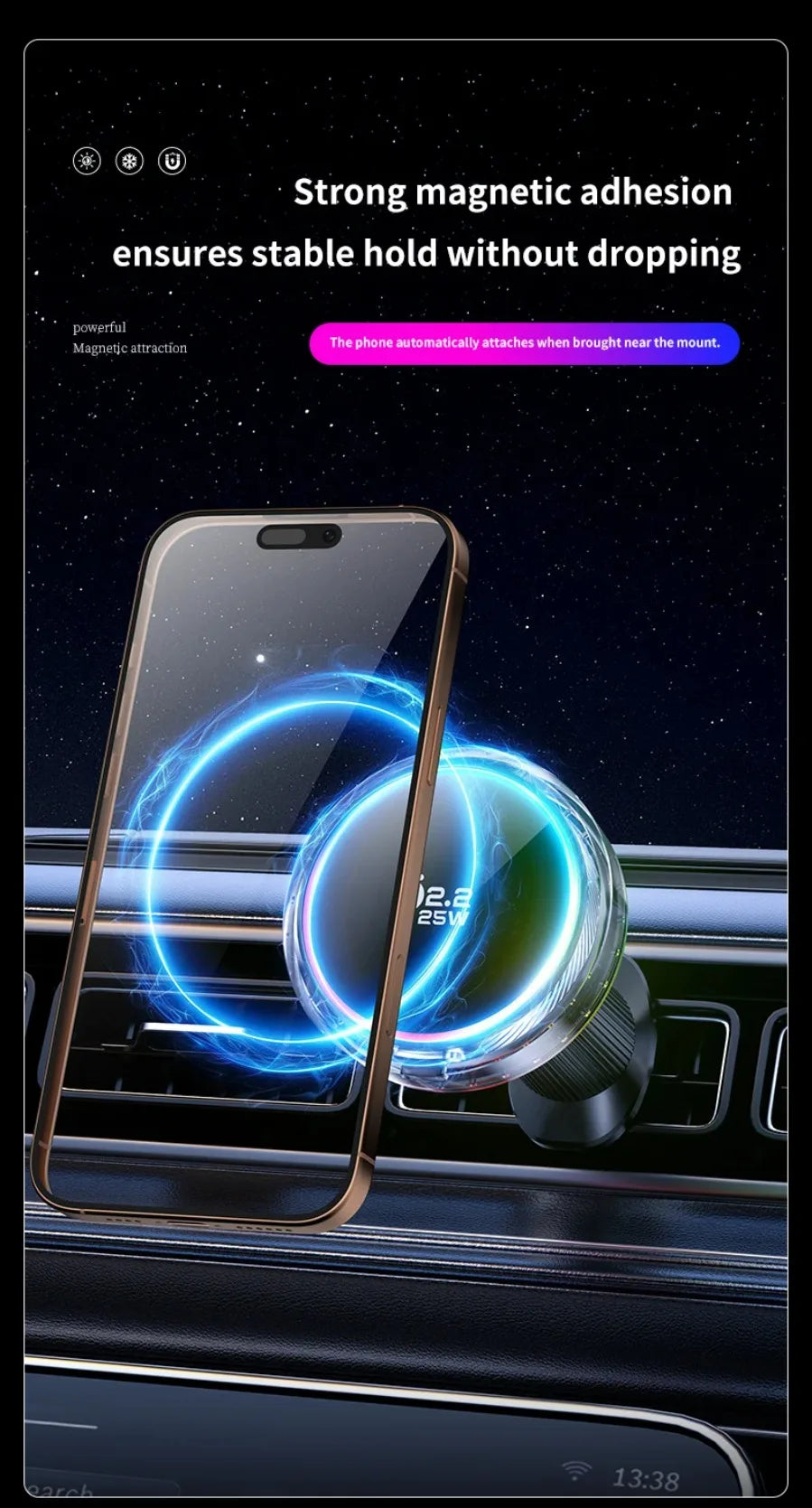 Qi2 Car 25W Magnetic Wireless Charger RGB Light  Air Cooling Phone Holder For Magsafe iPhone 17 16 15 14 13 12 Pro Fast Charging