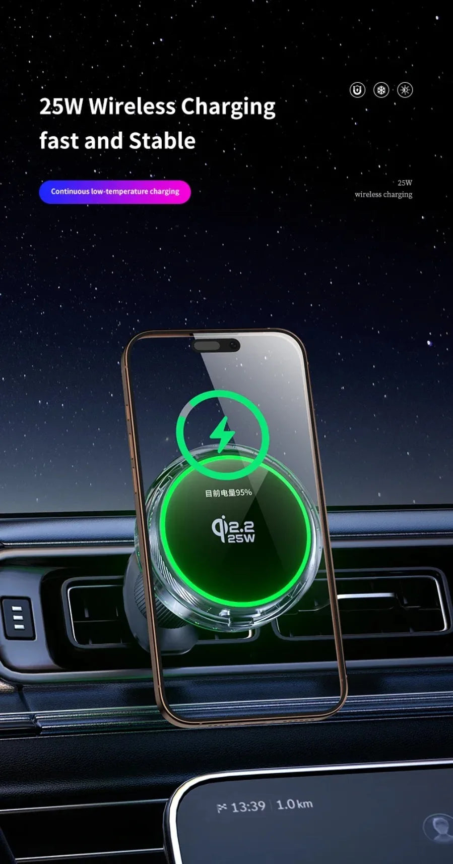 Qi2 Car 25W Magnetic Wireless Charger RGB Light  Air Cooling Phone Holder For Magsafe iPhone 17 16 15 14 13 12 Pro Fast Charging