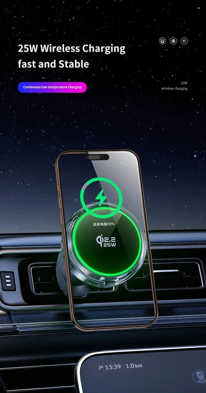 Qi2 Car 25W Magnetic Wireless Charger RGB Light  Air Cooling Phone Holder For Magsafe iPhone 17 16 15 14 13 12 Pro Fast Charging