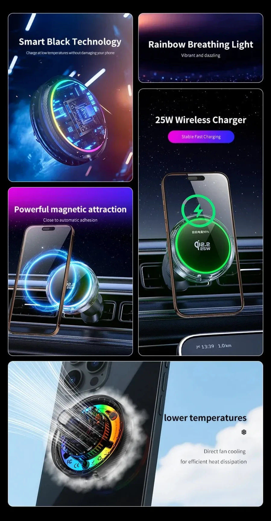 Qi2 Car 25W Magnetic Wireless Charger RGB Light  Air Cooling Phone Holder For Magsafe iPhone 17 16 15 14 13 12 Pro Fast Charging