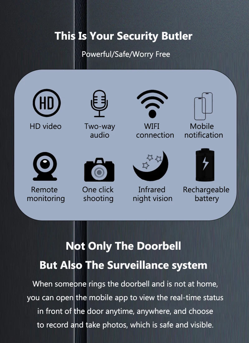 WiFi Smart Video Doorbell Camera Night Vision Smart Visual Doorbell Tuya APP Remote Monitoring Door Bell for Home Security