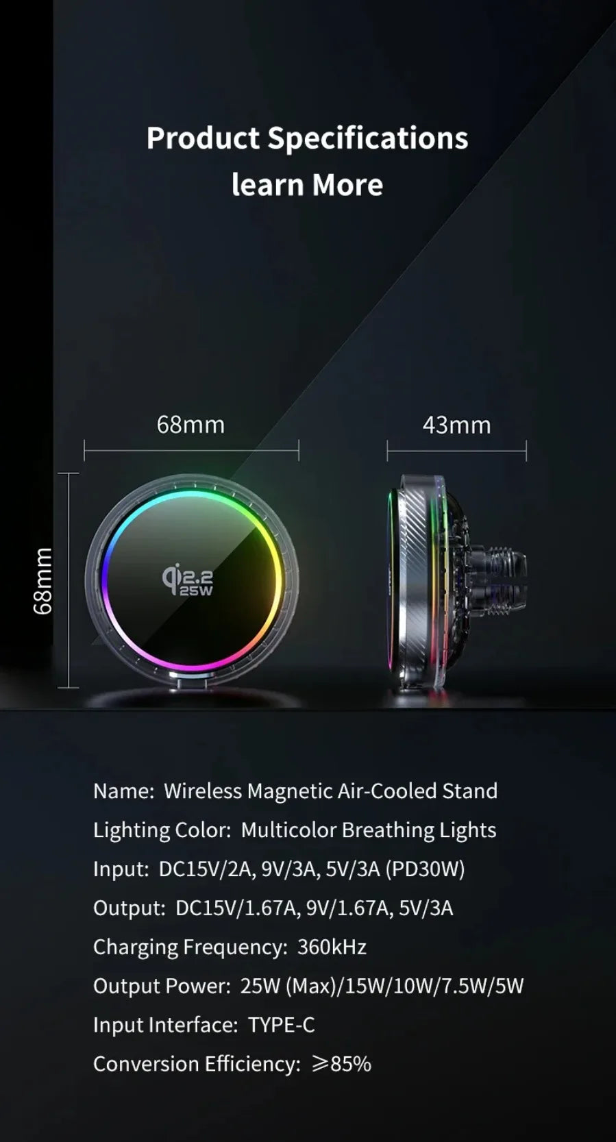 Qi2 Car 25W Magnetic Wireless Charger RGB Light  Air Cooling Phone Holder For Magsafe iPhone 17 16 15 14 13 12 Pro Fast Charging