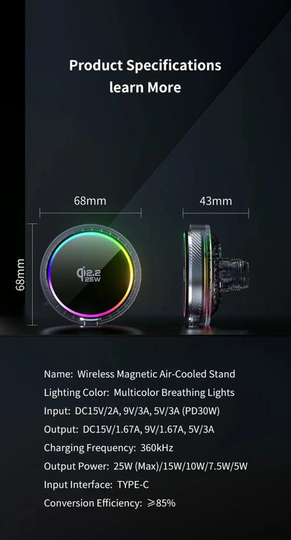 Qi2 Car 25W Magnetic Wireless Charger RGB Light  Air Cooling Phone Holder For Magsafe iPhone 17 16 15 14 13 12 Pro Fast Charging