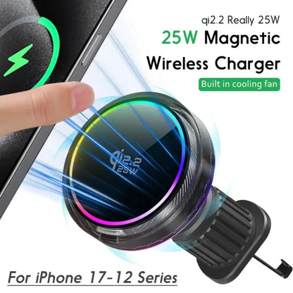 Qi2 Car 25W Magnetic Wireless Charger RGB Light  Air Cooling Phone Holder For Magsafe iPhone 17 16 15 14 13 12 Pro Fast Charging