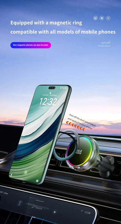 Qi2 Car 25W Magnetic Wireless Charger RGB Light  Air Cooling Phone Holder For Magsafe iPhone 17 16 15 14 13 12 Pro Fast Charging