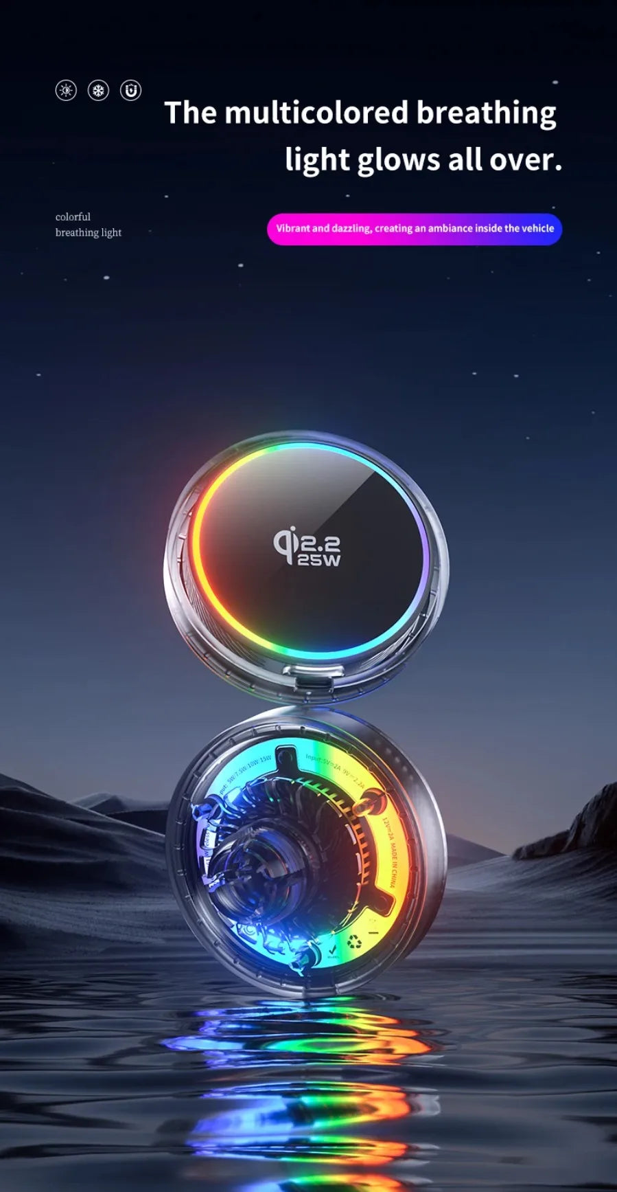 Qi2 Car 25W Magnetic Wireless Charger RGB Light  Air Cooling Phone Holder For Magsafe iPhone 17 16 15 14 13 12 Pro Fast Charging