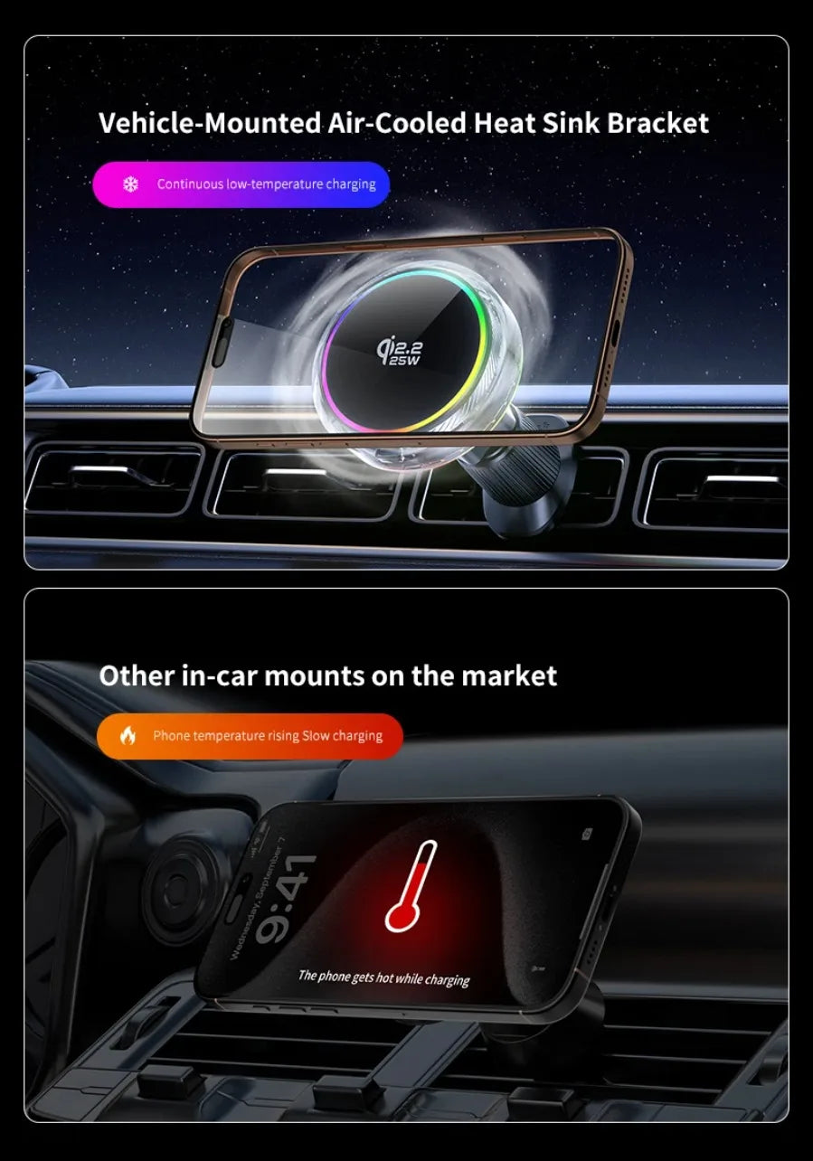 Qi2 Car 25W Magnetic Wireless Charger RGB Light  Air Cooling Phone Holder For Magsafe iPhone 17 16 15 14 13 12 Pro Fast Charging