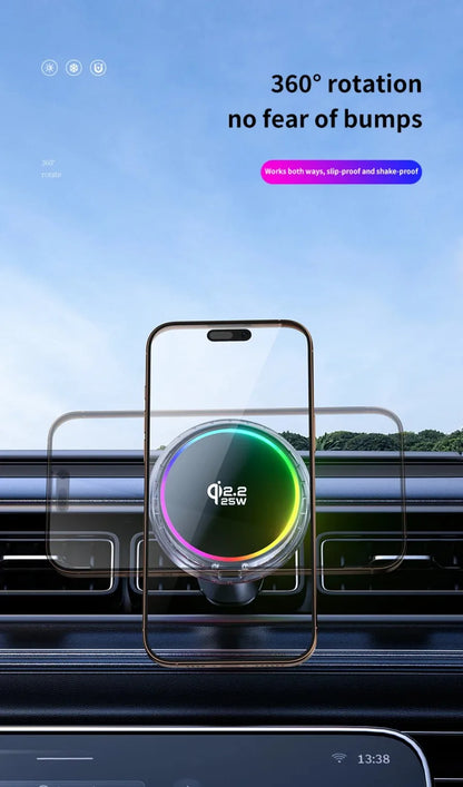 Qi2 Car 25W Magnetic Wireless Charger RGB Light  Air Cooling Phone Holder For Magsafe iPhone 17 16 15 14 13 12 Pro Fast Charging